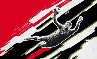 Soccer goalkeeper diving to catch the ball against a dynamic red, black, and white background.