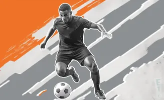 A soccer player in mid-stride, dribbling a ball against an abstract orange and gray background.