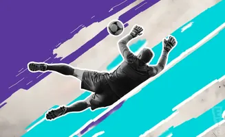 A soccer goalie dives to catch a ball against a backdrop of purple and teal abstract streaks.