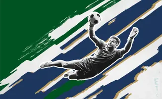 A black and white image of a soccer goalkeeper leaping to catch a ball against a colorful, abstract background.