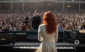 Woman with red hair in a white dress plays a keyboard on stage in front of a large, cheering crowd.