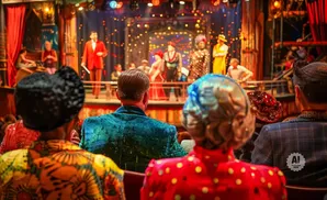 Audience watches a vibrant stage show with performers in colorful costumes and dazzling lights.