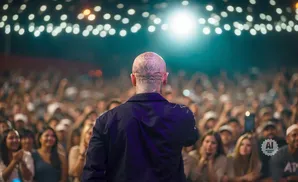 Man with head tattoos facing a large, blurred audience at a concert.