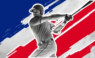 A baseball player swings a bat with a blurred red, white, and blue background.