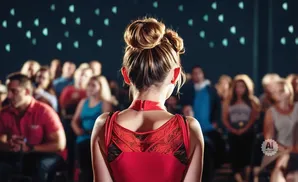 A young woman in a red outfit with her back to the camera, standing before an audience.