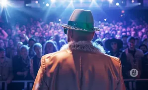 Man in hat and fur-lined jacket faces a cheering crowd at a concert.