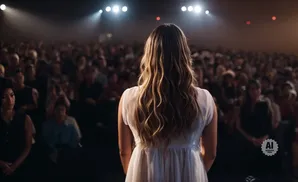 A woman in a white dress faces an audience of blurred figures under stage lights.