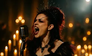 A singer with a crown and dramatic makeup sings into a vintage microphone, surrounded by candles.