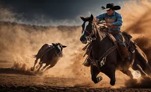 A cowboy on horseback chases a calf, kicking up dust.