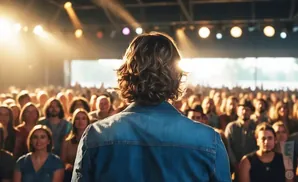 A person in a denim jacket faces a large crowd under bright stage lights.