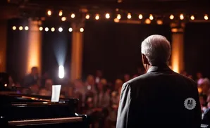 Man with white hair in a suit facing away from camera, with a piano in foreground and audience in background.