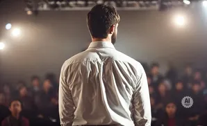 Man in a white shirt facing away from the camera, speaking to an audience in a dimly lit room.