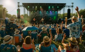 A crowd enjoys an outdoor blues festival, with a band playing on stage and people raising their hands in the air.