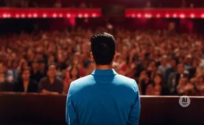 A man in a blue jacket faces away from the camera, looking at a blurred audience in a theater.