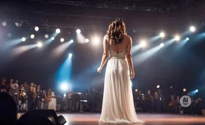 A woman in a white gown stands on a stage, facing away from the camera, under bright stage lights.