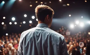 Man in light blue shirt addresses a blurry audience under spotlights on a dark stage.