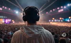 Back view of person with headphones at a crowded concert.