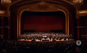 An orchestra performs on stage in a grand concert hall with a red curtain backdrop and opulent decorations.