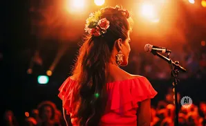 Singer with flowers in her hair performs on stage, backlit by warm lights.