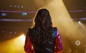 Woman with long, wavy brown hair in a half-up style, wearing a black vest over a sparkly pink jacket, standing on a stage with spotlights.