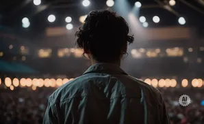 Back of a person with curly hair, looking at a blurred crowd and stage lights.