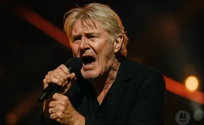 A man with blonde hair sings into a microphone, his mouth open and eyes closed, on a dark stage.
