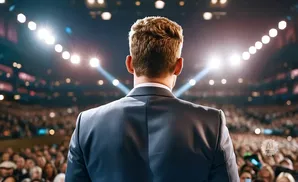 Man in a suit facing a large, well-lit audience.