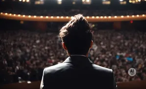 A person in a suit faces a large, dimly lit audience with a spotlight on their hair.