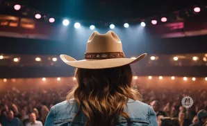 A woman in a cowboy hat on stage faces a cheering crowd.
