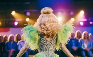 A person in a sparkly dress with green feathers walks towards a blurred audience under stage lights.