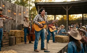 A country band performs on a wooden stage in front of a hay bale backdrop, with an audience in the background.