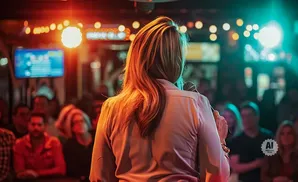 Woman with long blonde hair speaks into a microphone at a dimly lit event with colorful lights.