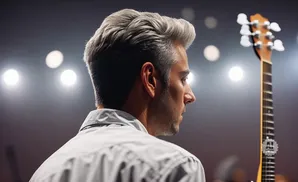 A man with grey hair in a white shirt looks away from the camera, with a guitar neck visible on the right.