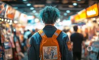 Person with blue spiky hair wearing a denim jacket and orange backpack with anime art.