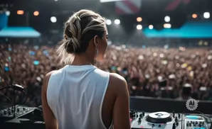 DJ playing for a large, excited crowd at an outdoor music festival.
