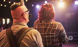 Man with mohawk and woman in plaid shirt facing away from camera on a dimly lit stage.