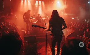 A rock band performs on a stage lit with red lights, with a guitarist in the foreground and a crowd watching.