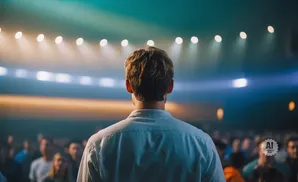 Back of a man in a white shirt facing a dimly lit audience, with stage lights above.