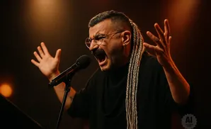 A man with braids and glasses shouts into a microphone, his hands raised dramatically.