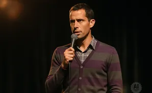 A man in a striped cardigan and plaid shirt holds a microphone and speaks.