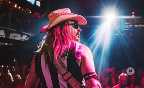 Musician with pink hair and a cowboy hat performs on stage with a bright spotlight shining behind him.