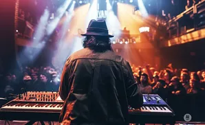 A musician wearing a fedora stands with their back to the camera, playing a keyboard on stage at a concert, illuminated by stage lights.