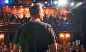 A man stands on a stage facing away from the camera, with an audience in the background.