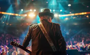 Musician with a guitar on stage, wearing a hat and a decorative jacket, facing a cheering crowd.