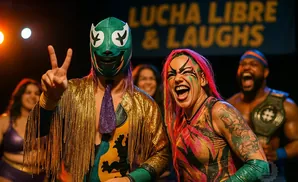 Wrestlers in colorful costumes, one masked and making a peace sign, the other with vibrant face paint and pink hair, with a cheering crowd in the backgr…