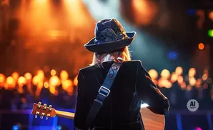 A musician in a hat and velvet jacket plays guitar on a brightly lit stage before a blurred audience.