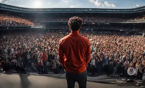 Man in orange shirt on stage facing a large stadium crowd with cameras.