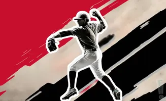 A baseball pitcher in mid-throw against a graphic background of red, black, and beige stripes.