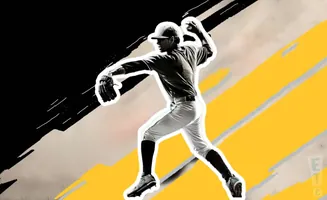 A baseball pitcher in mid-throw against a black, grey, and yellow abstract background.