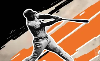 A baseball player swings a bat against an orange and black abstract background.